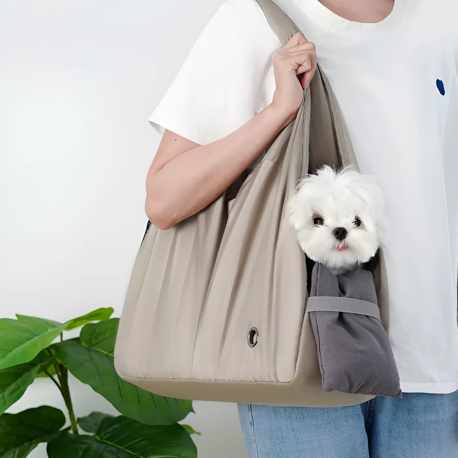 Apricot coloured cloth pet handbag for small dog transportation with 41x16x28 cm dimensions