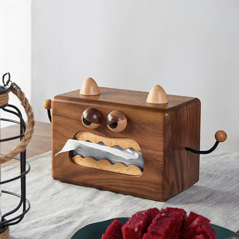 Wooden cartoon tissue box with Little Monster design in walnut beech colour