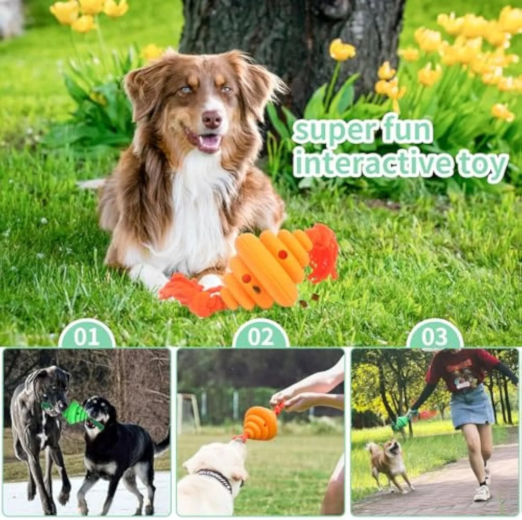 Green and yellow dog ball with rope toy for large breeds showing treat dispensing slot