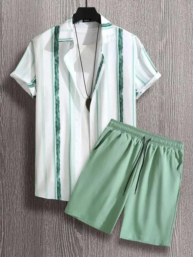 Men's beach style short sleeve shirt and shorts suit in polyester, available in multiple colours