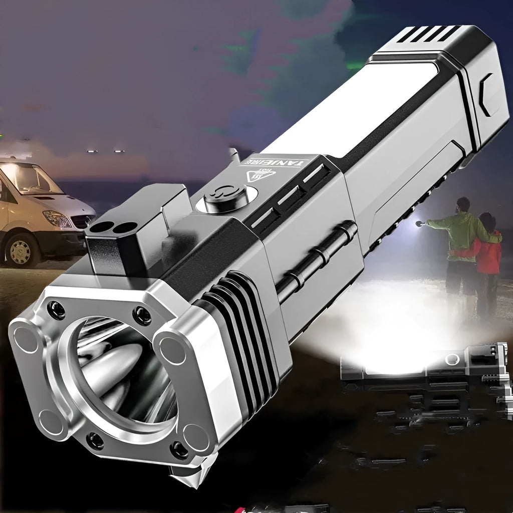 Silver LED flashlight with portable power bank function for outdoor use.