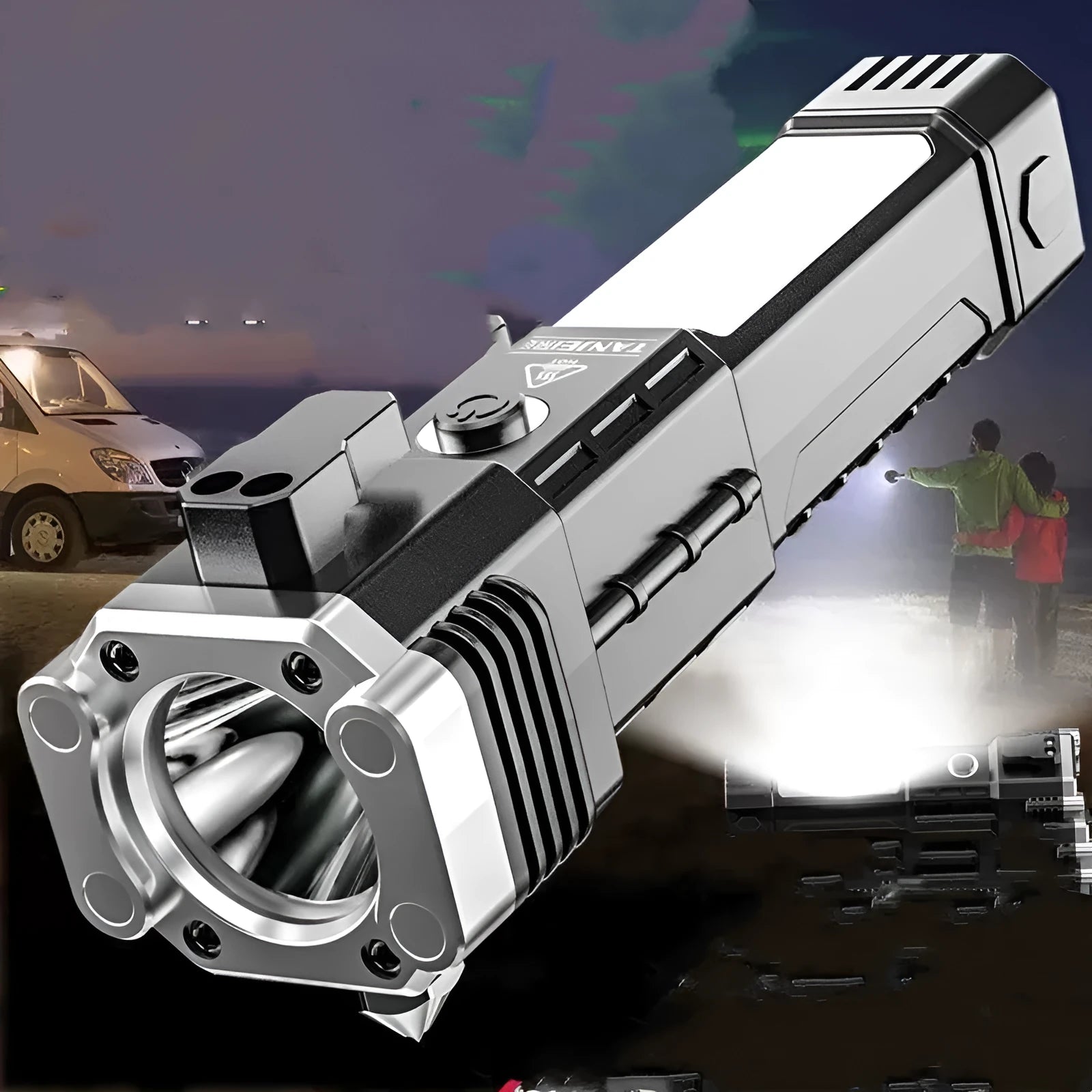 Silver LED flashlight with portable power bank function for outdoor use.