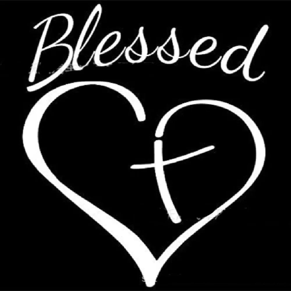 Faith Hope Love lettering inside a heart shape on a black, white, or red self-adhesive sticker measuring 14 by 11.5 centimetres.