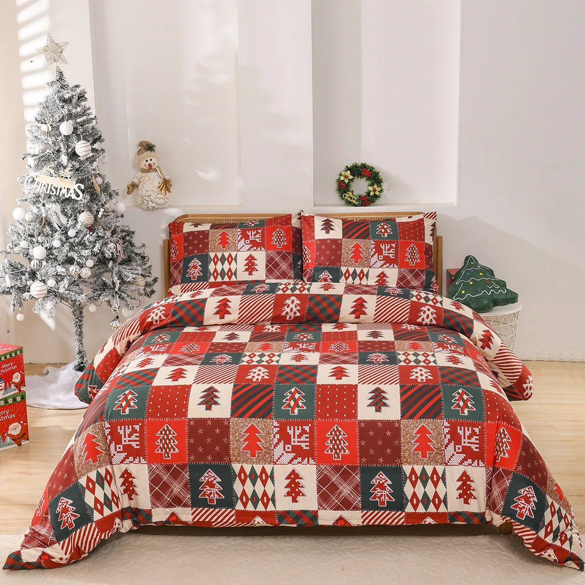 Christmas red plaid European style bed cover three-piece bedding set laid on a bed