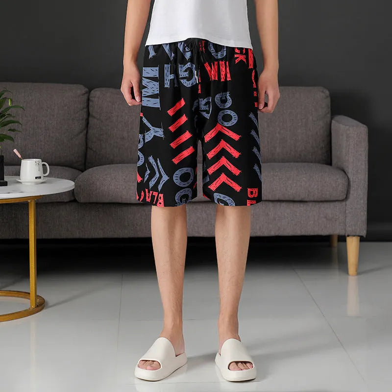 Men's loose quick-dry ice silk beach pants with striped floral print, free size 55-95kg, multiple colours