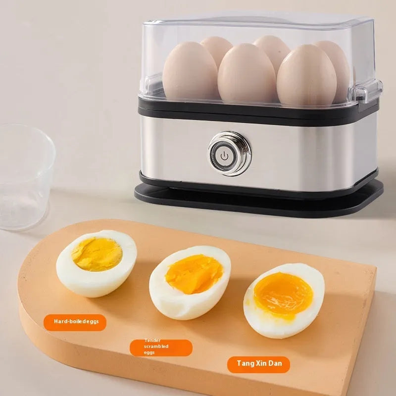 Black portable stainless steel mini egg boiler with power cord and plug adaptors for travel