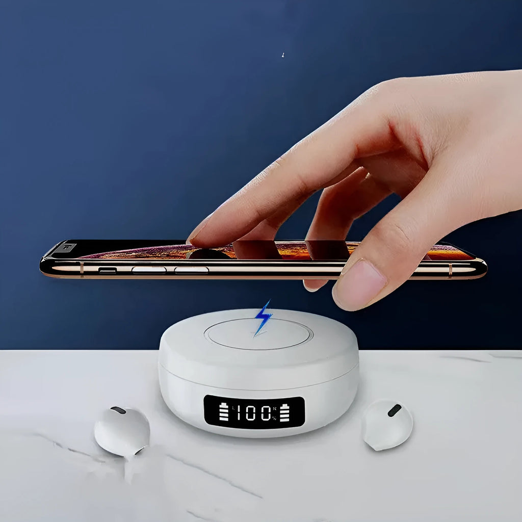Mini wireless semi-in-ear headphones with wireless charging case in black, white or colour
