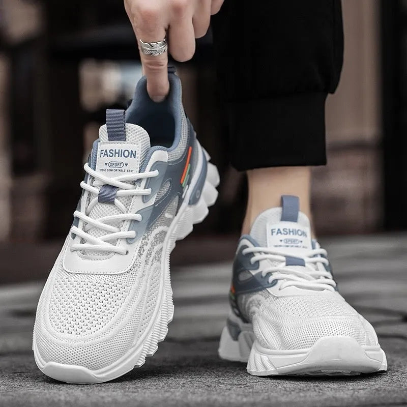 Men's white blue platform casual sports shoes with mesh upper and rubber sole