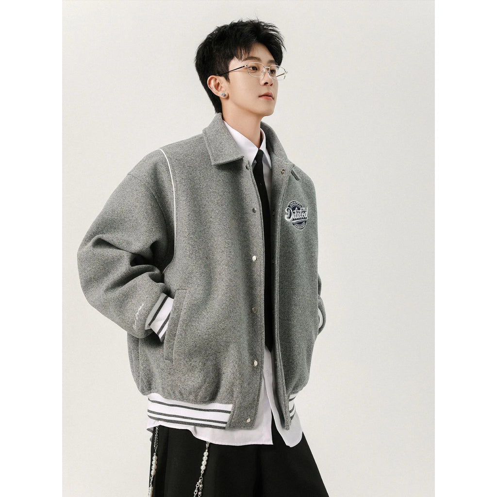 Men's casual patchwork vintage jacket in Flower Gray with stripes and stick pocket, loose fit