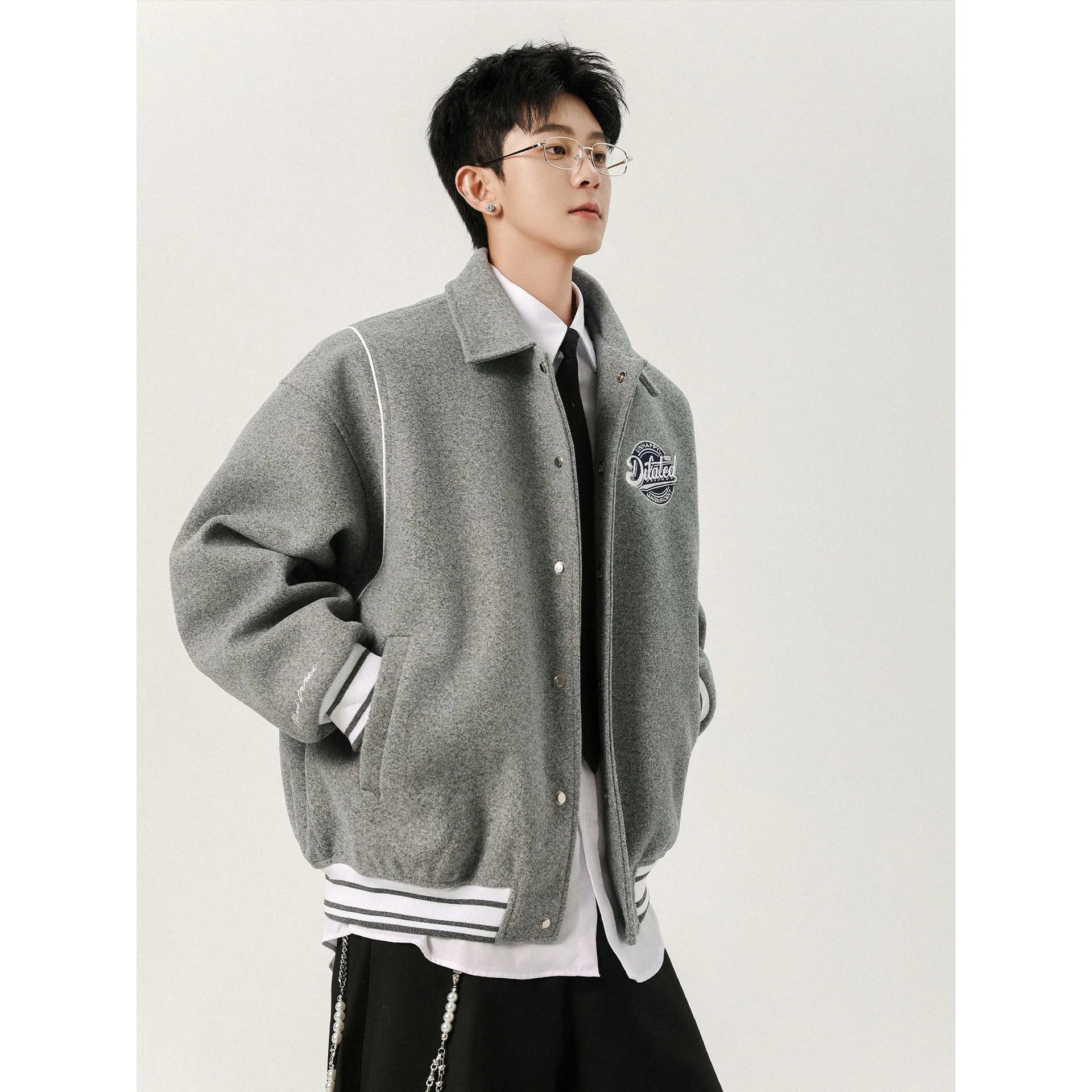 Men's casual patchwork vintage jacket in Flower Gray with stripes and stick pocket, loose fit