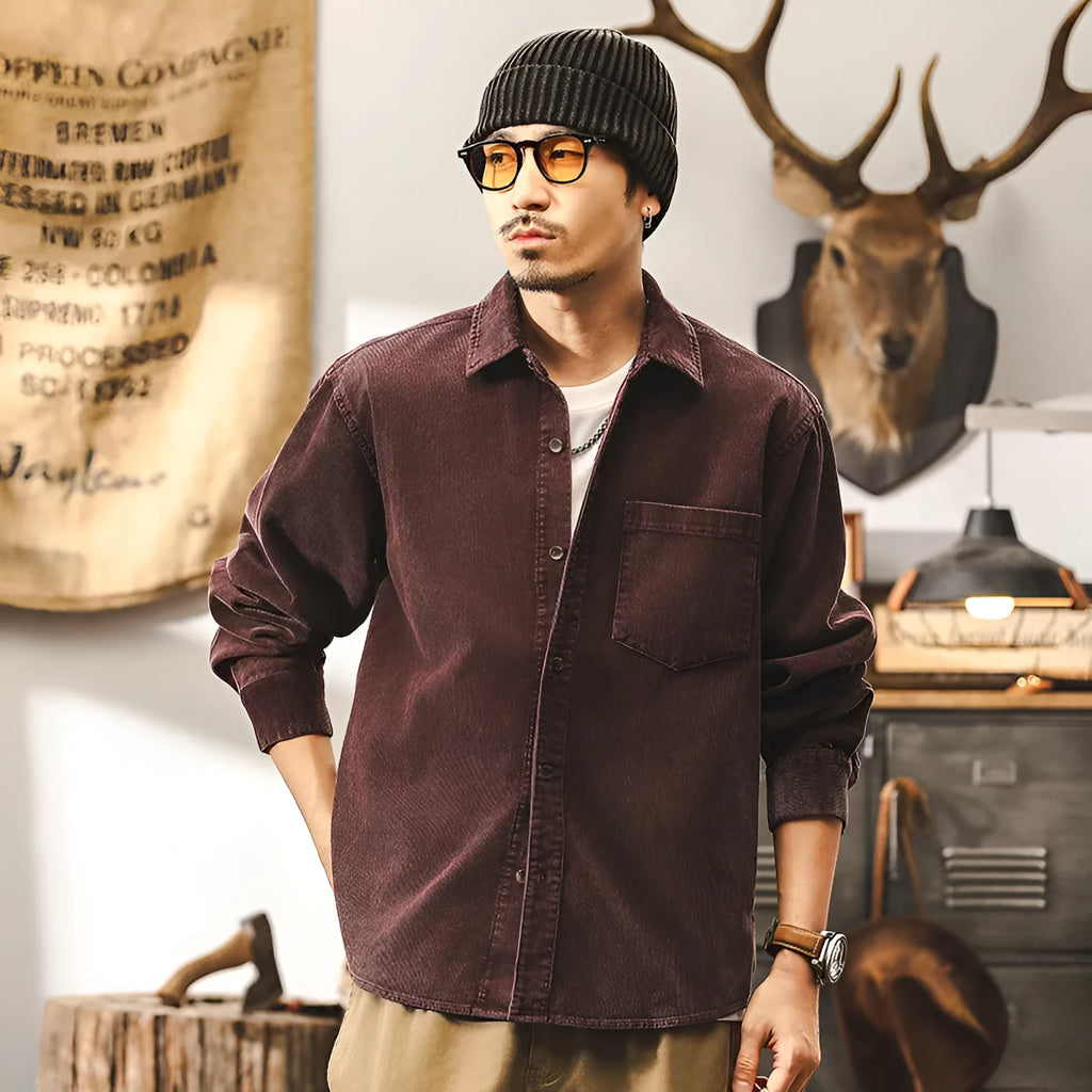 Men's retro corduroy shirt jacket in loose fit with long sleeves available in red or black colours