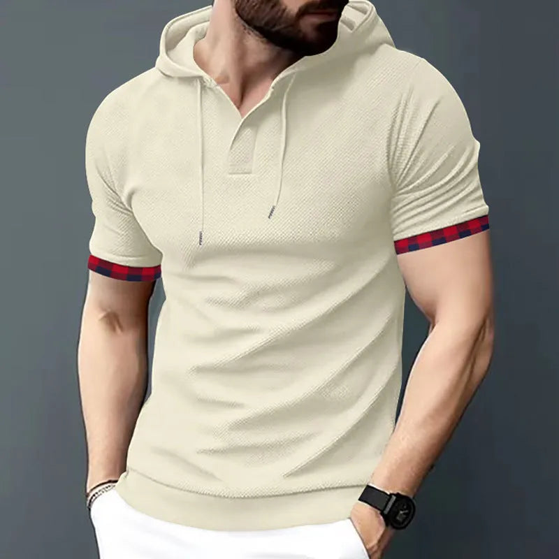 Men's short sleeve hooded top in solid colour, polyester blend, available in plus sizes