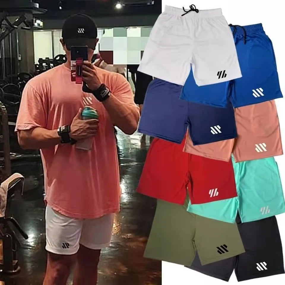 Man's loose-fit metal silk sports shorts in blue, shown flat, suitable for summer running and athletics.
