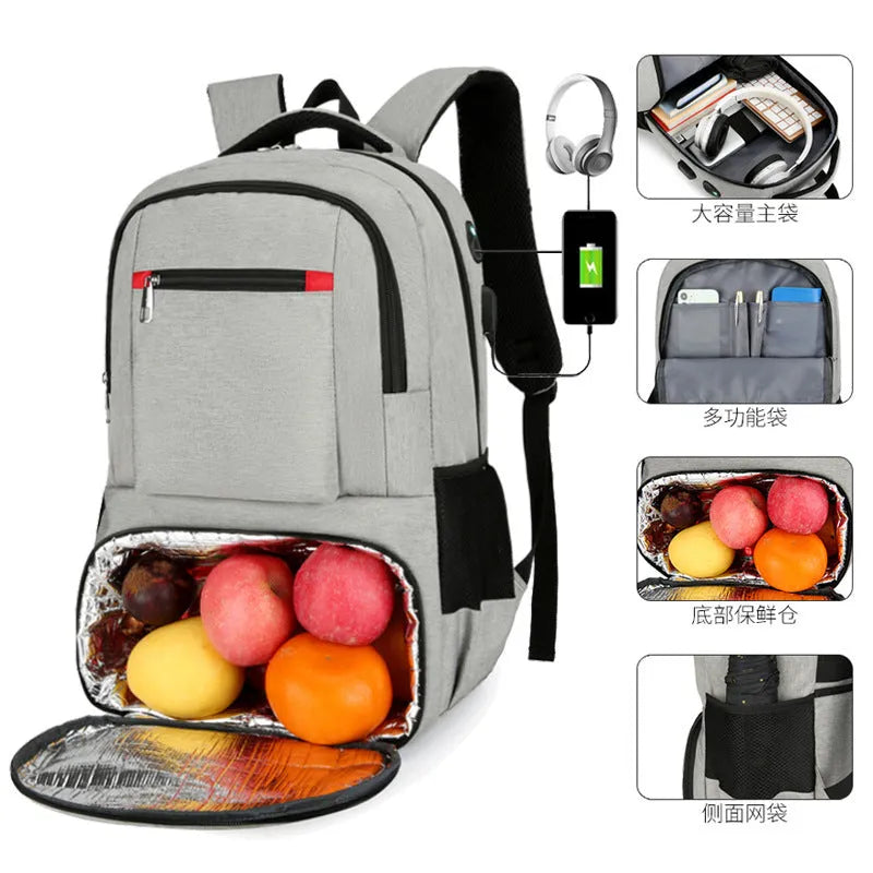 Light grey Oxford cloth insulated backpack with curved shoulder straps and front organisation compartments.