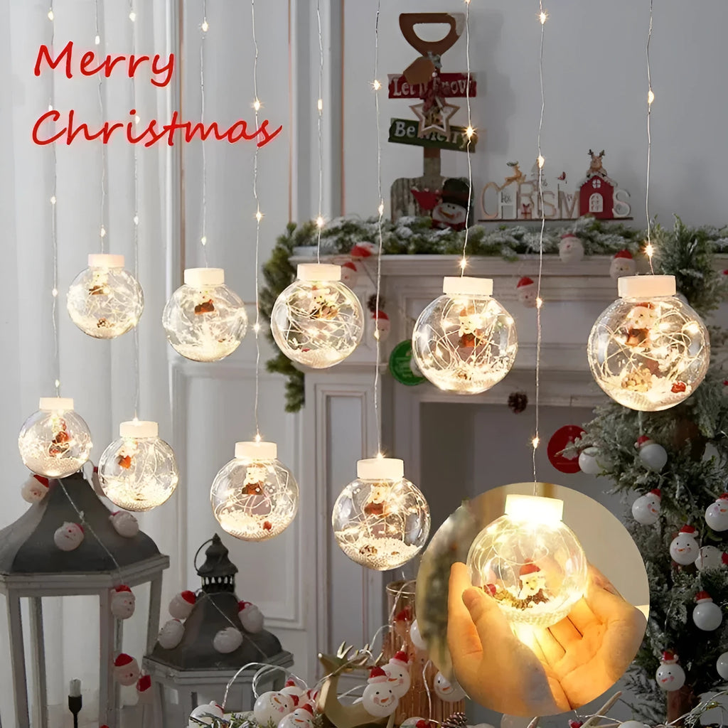 LED Christmas curtain lights with 10 fairy wishing ball lamps showing snowman, Christmas tree and elder designs