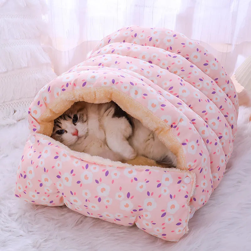 Winter cat nest with removable cloth cover, size M for cats under 15kg, pink small flower design