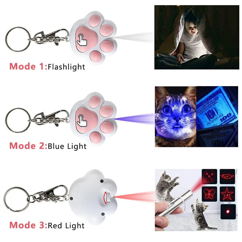 USB-rechargeable infrared cat teaser toy with keychain loop in black or pink