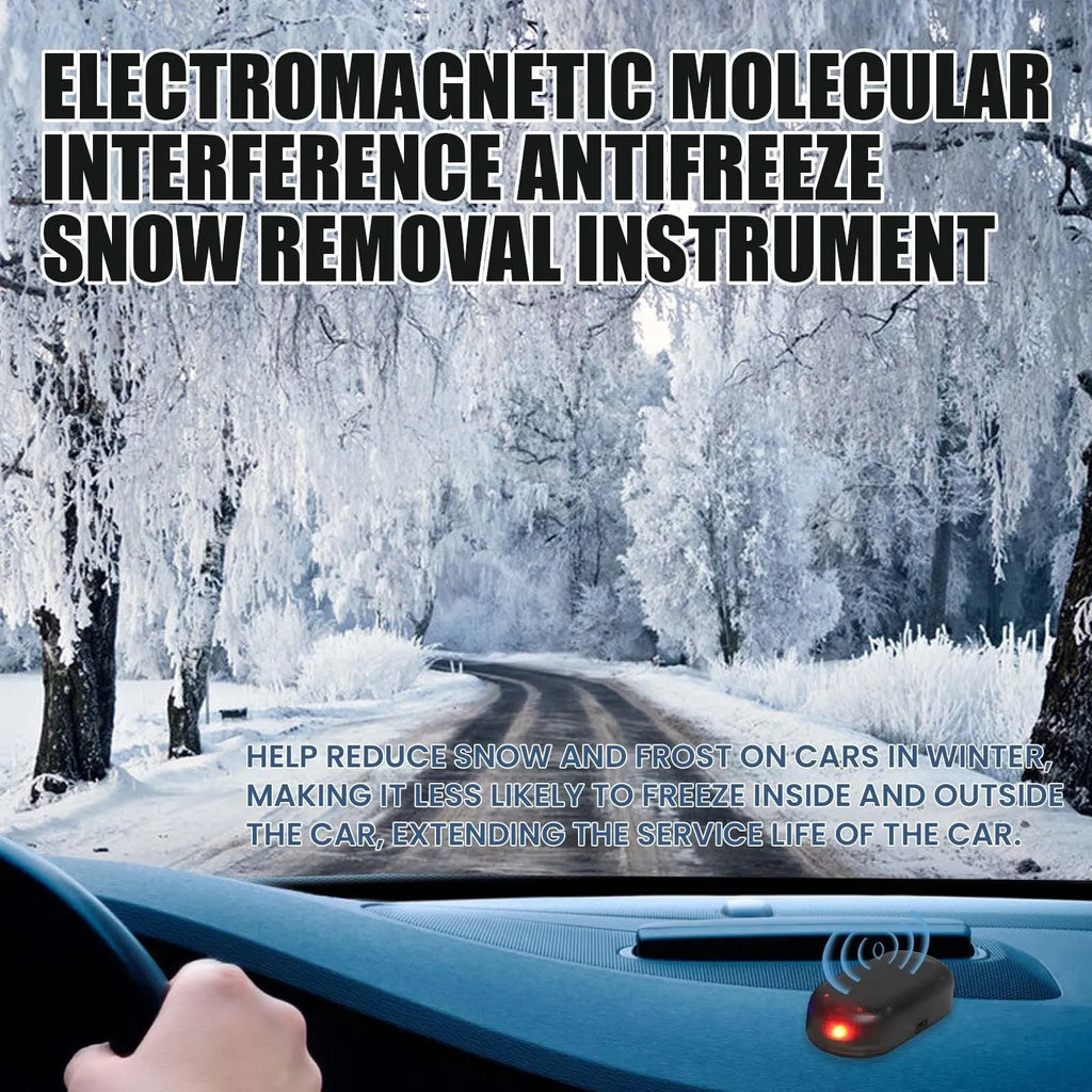 Black car snow removal tool with special glass deicing technology, 5 x 2.6 x 1.5 cm, placed on a car dashboard