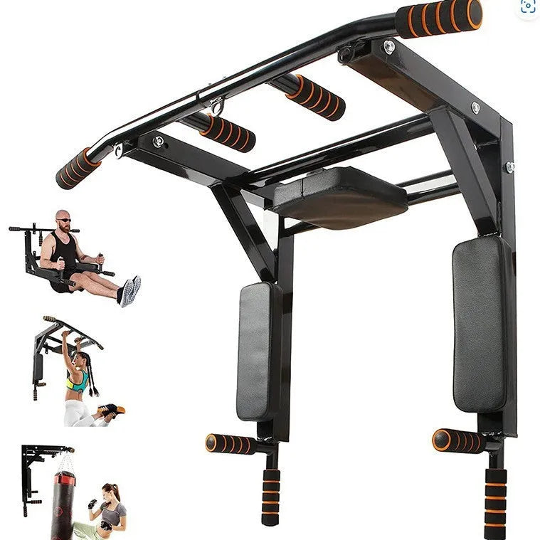 Black wall-mounted metal fitness rack with sandbag holder, parallel bars, and pull-up station.