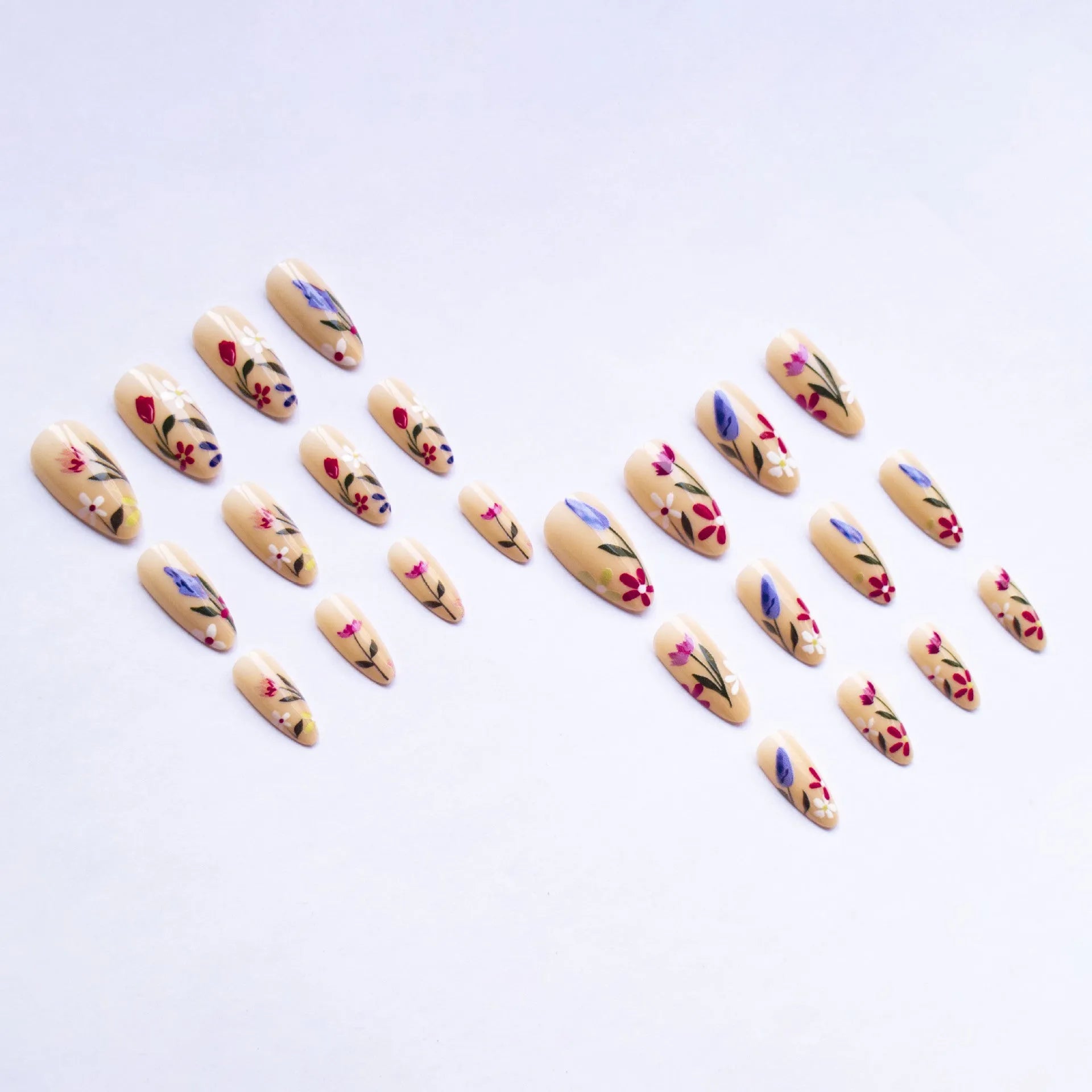 Almond-shaped removable wearable nail art set with rose and tulip flower patterns in solid colour