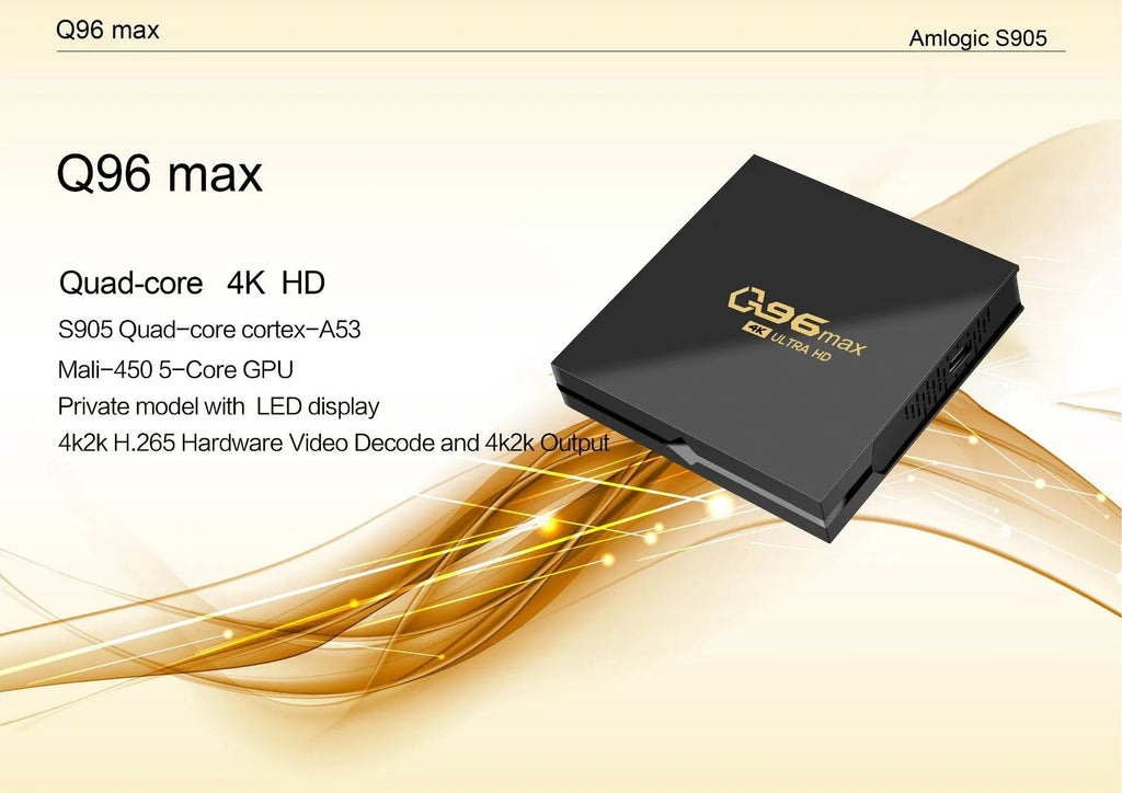 Q96 Max S905 Android TV box with 4K set-top box, remote control, and HDMI cable