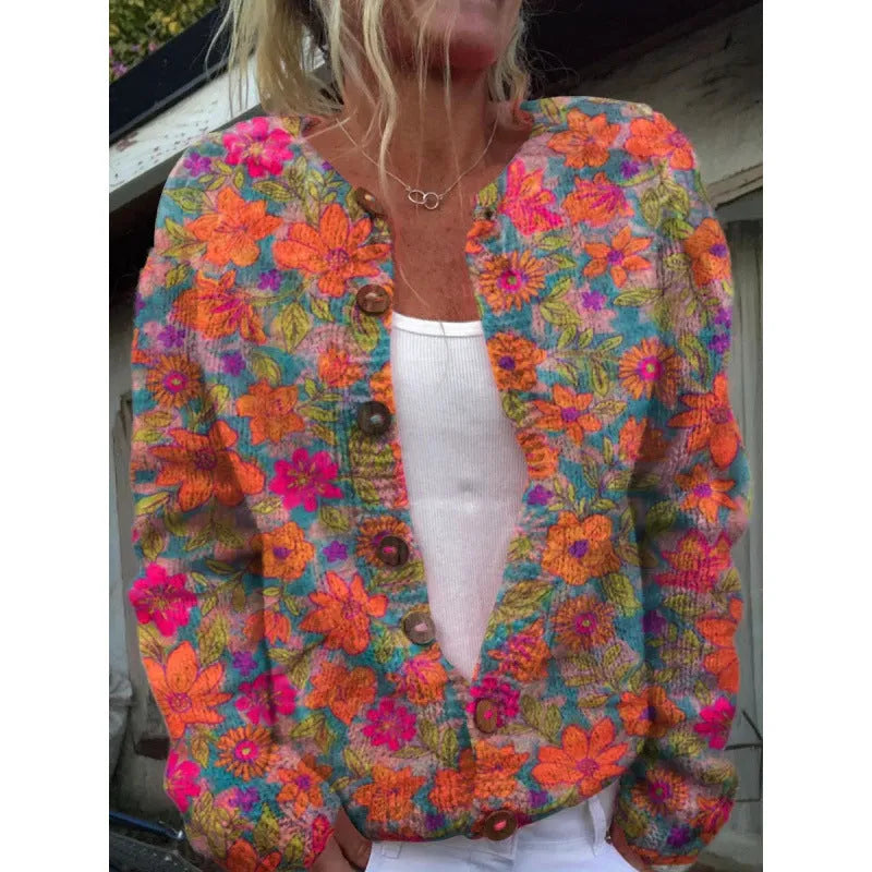 Digital printing cardigan knitted coat with 3D effect pattern in yellow, front view, on a plain background