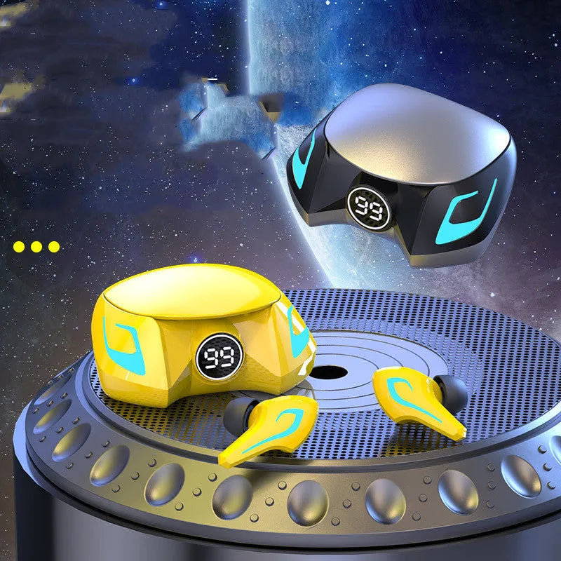 Wireless Bluetooth gaming headset with earplug-style bilateral design in black grey, yellow, or cool black colours