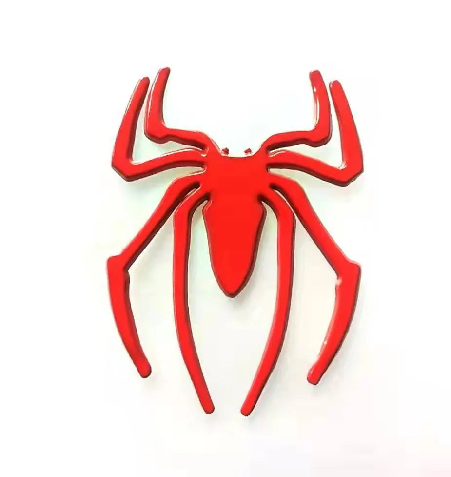 3D metal spider car bumper sticker in gold, silver, black, or red on a white background