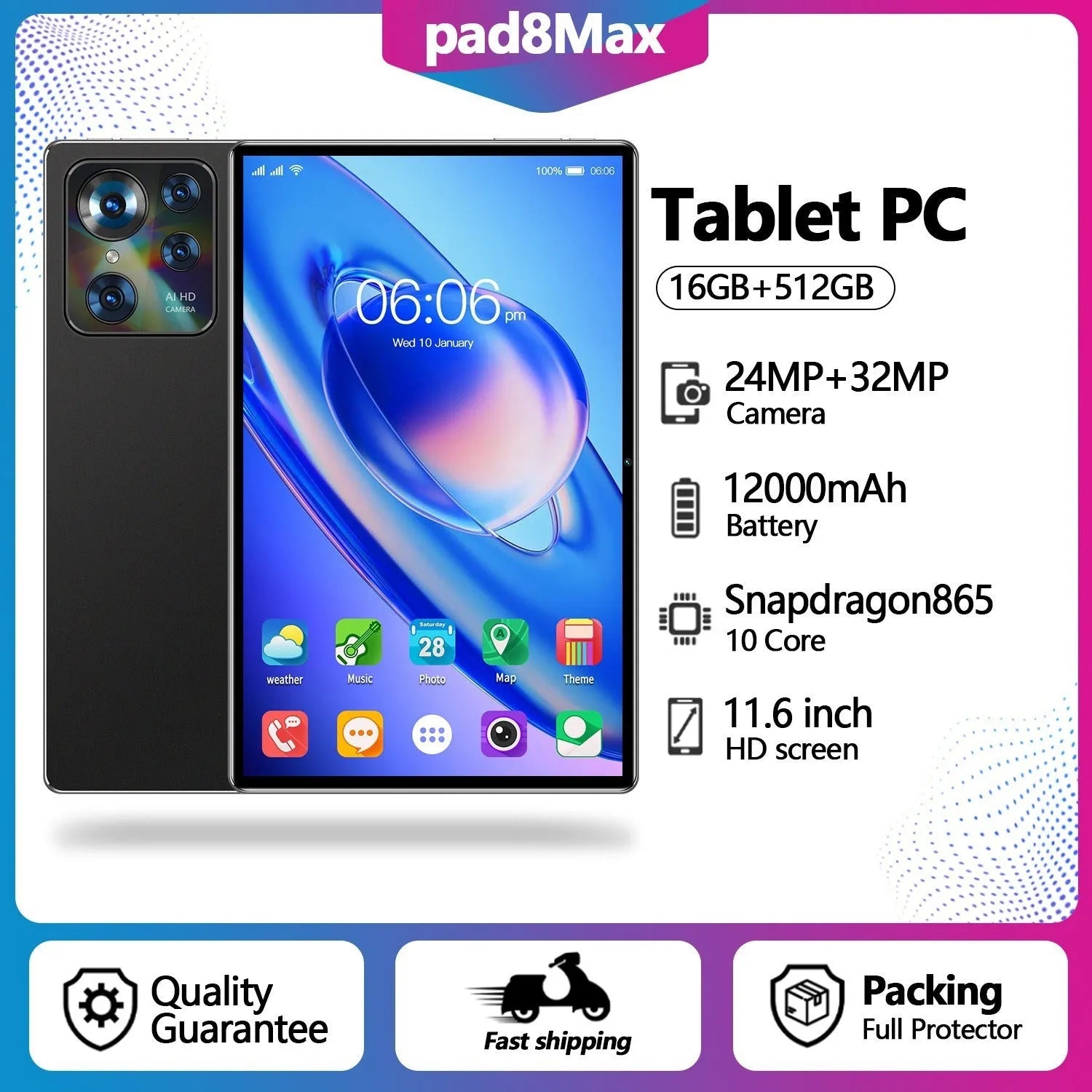 10-inch Tablet PC Smart Call Google Edition with 10.1-inch screen, available in black, blue, gold, and silver gray