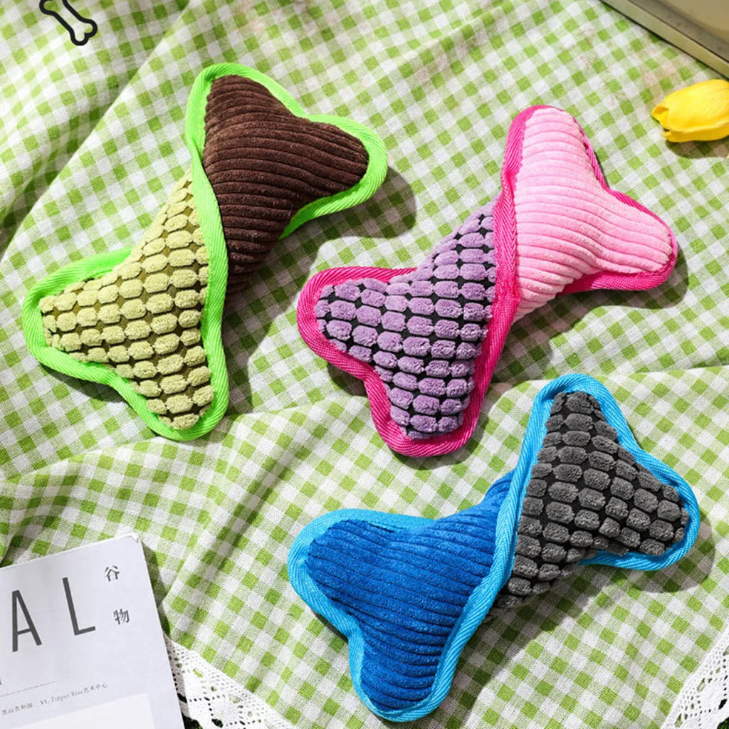 Bite-resistant teddy dog toy with sound bone model in blue, green, and pink colours