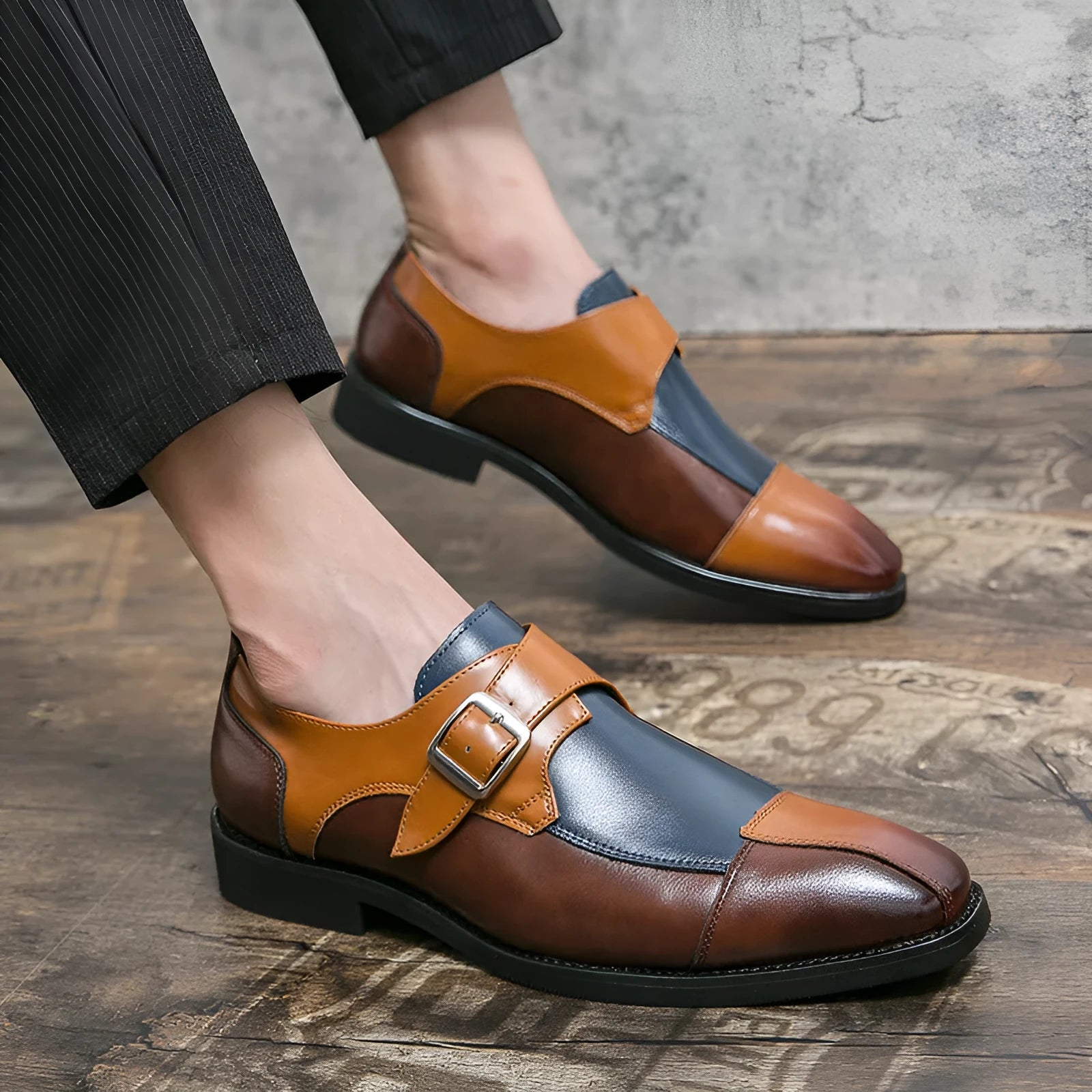 Men's British style retro buckle casual shoes in brown blue and black colours with tall crown design