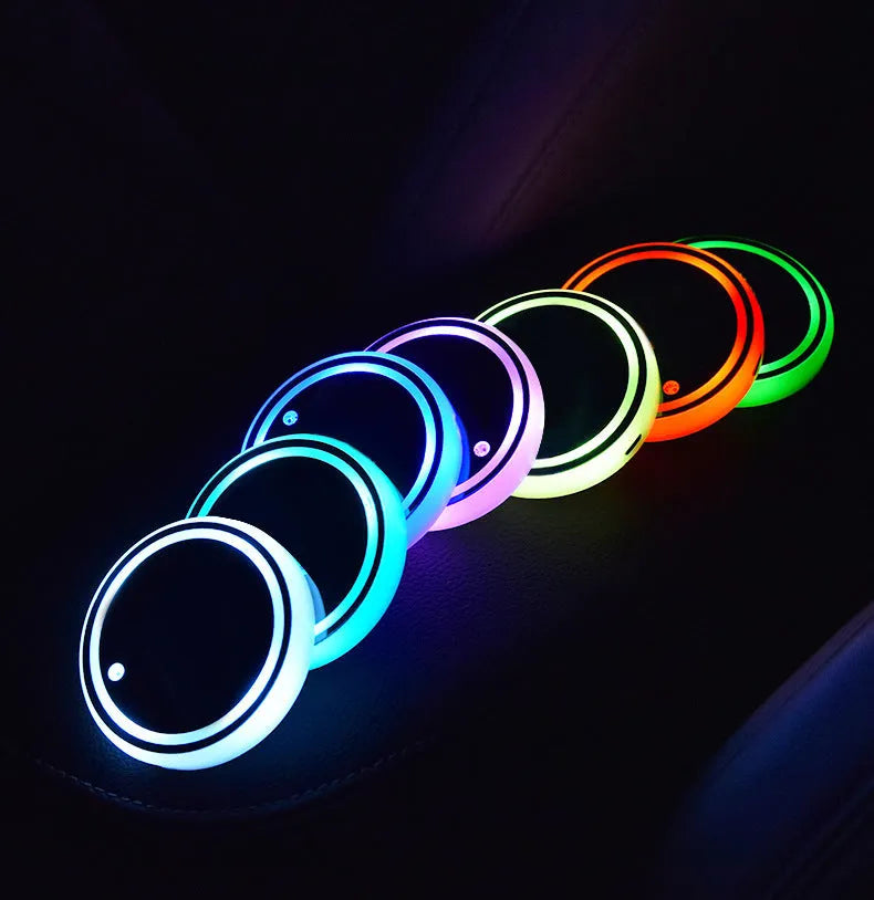 Colourful LED light-up car cup holder coaster showing multiple colour options