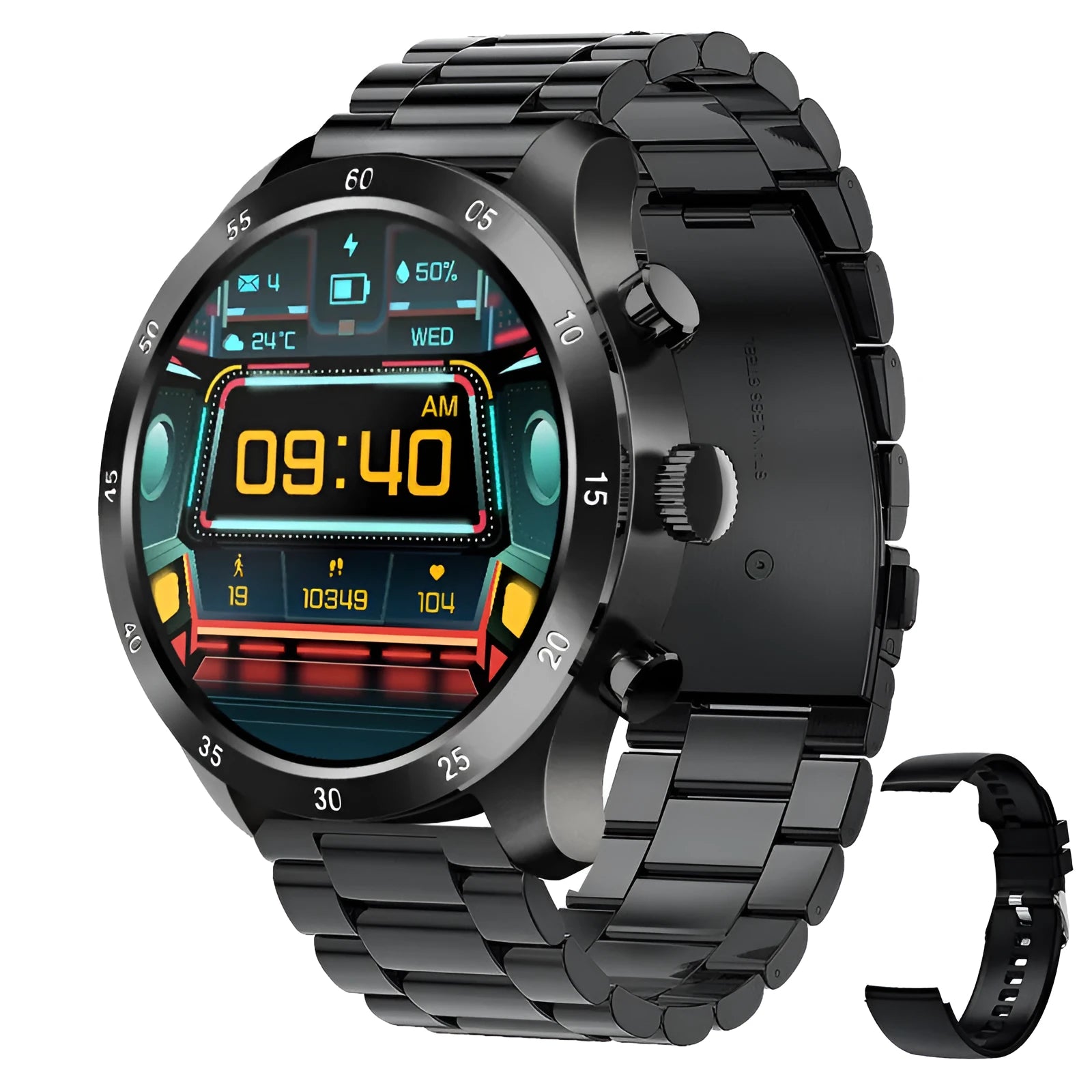 Black Bluetooth smartwatch with steel strap showing call interface and health metrics on screen.