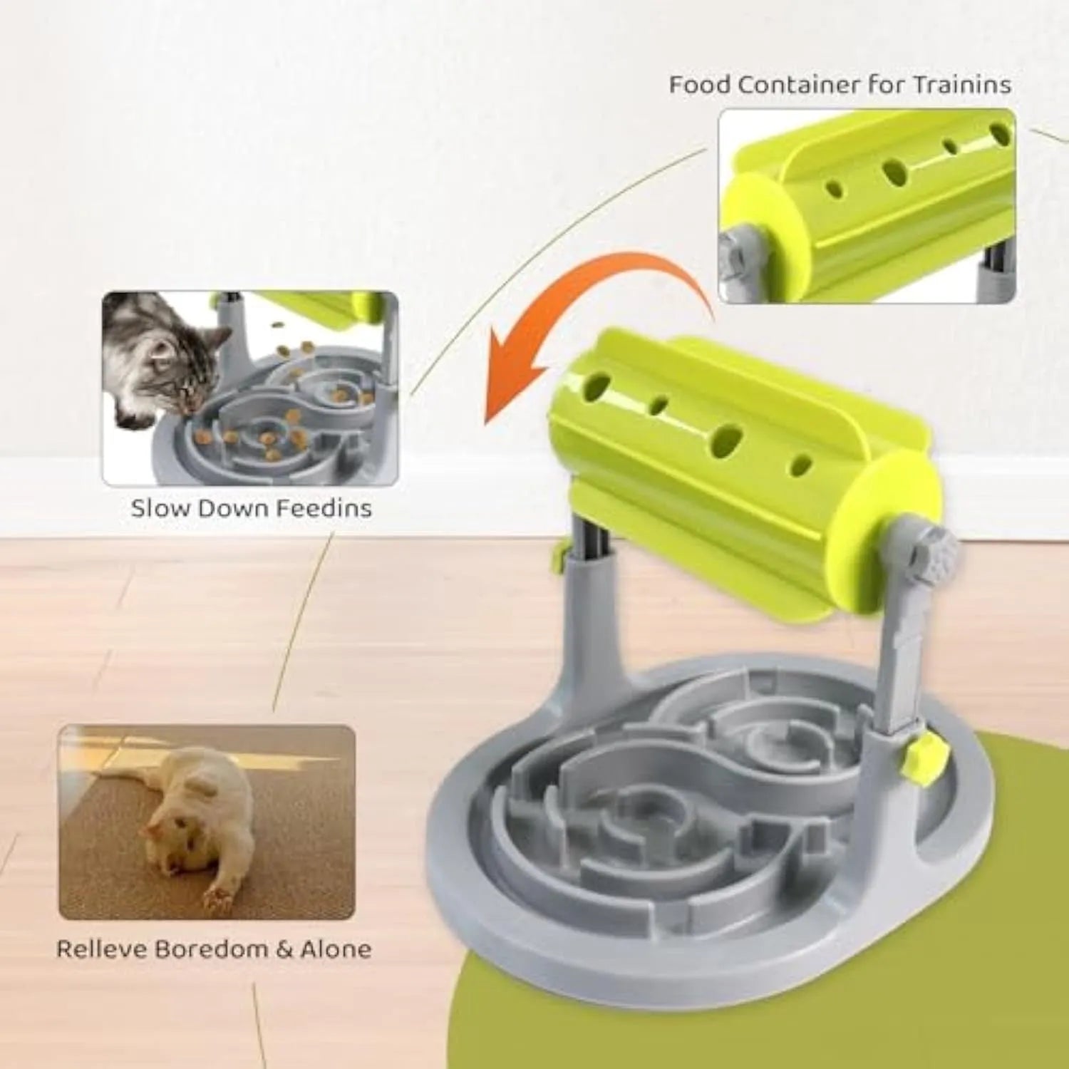 Adjustable height interactive slow feeder bowl puzzle toy for dogs and cats in blue green or pink
