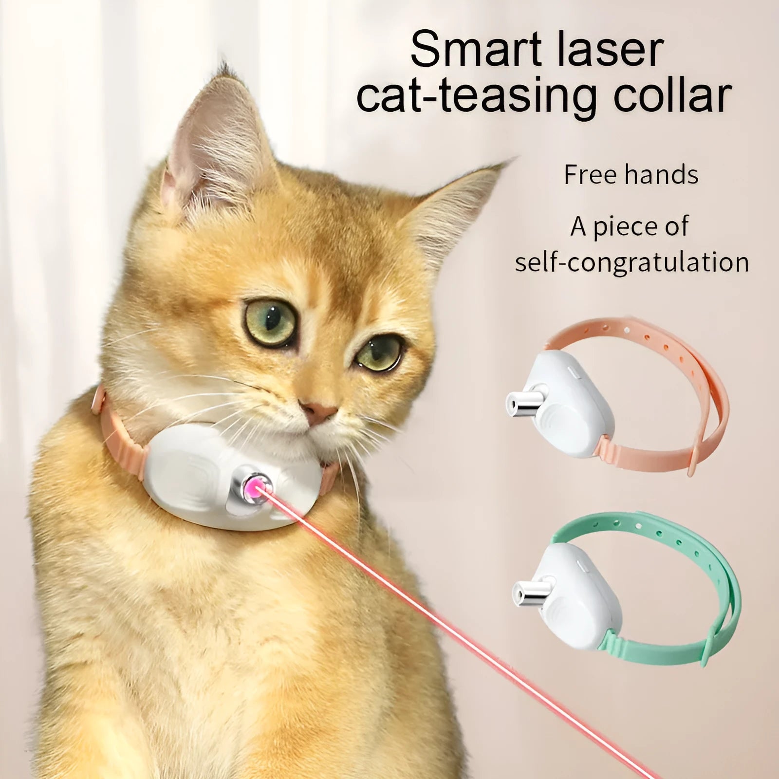 USB rechargeable interactive laser cat teasing collar for indoor self-entertainment in green and pink colours