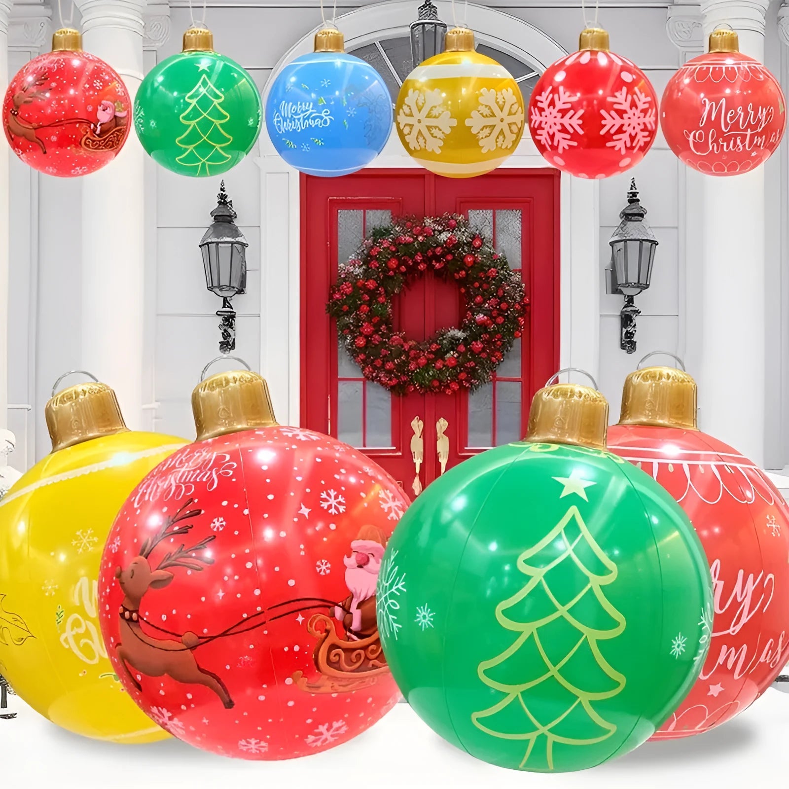 Large red inflatable Christmas ball with flash LED lights in a snowy garden.