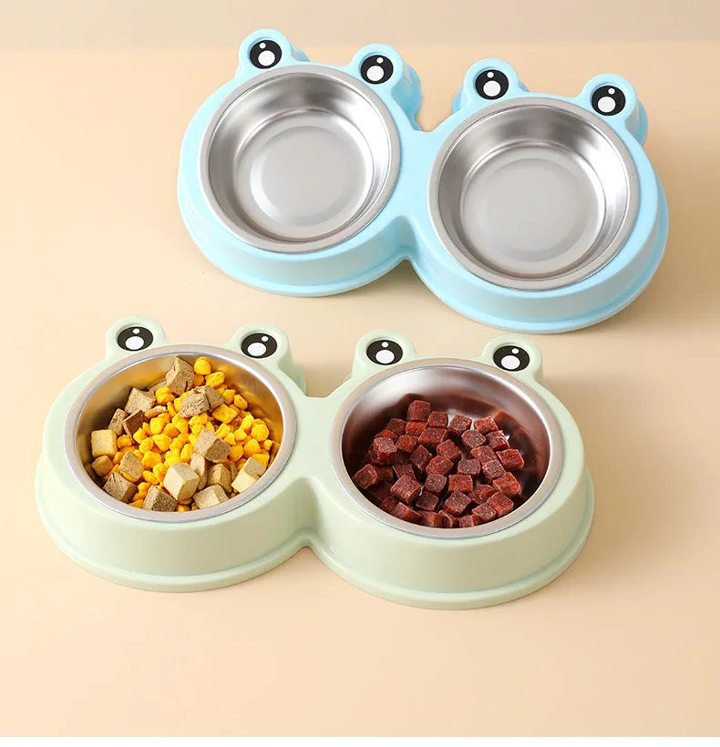 Stainless steel pet double bowl with food and water compartments in blue colour