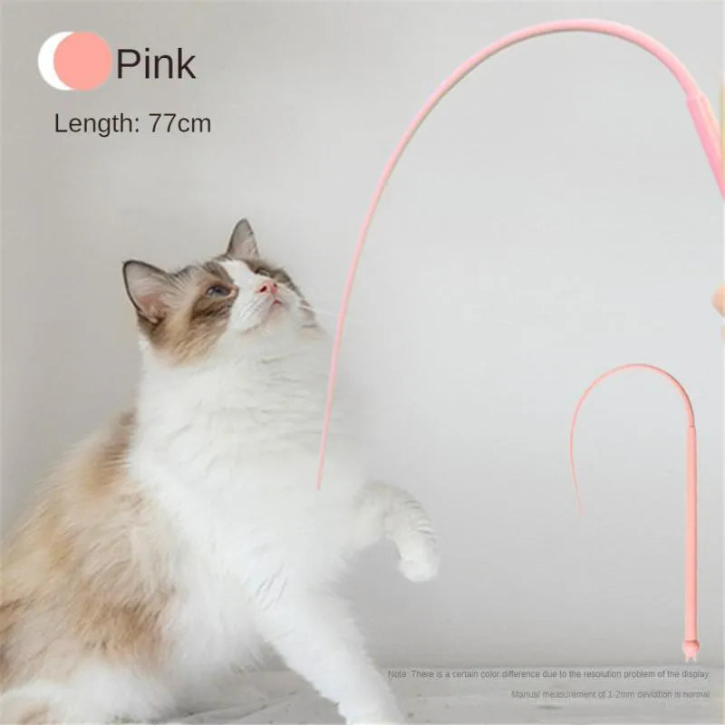 Blue simulated mouse tail cat teaser toy with long silicone tail and ABS handle on a white background.