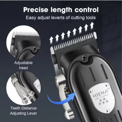 Professional hair clipper set black with LCD display, carbon steel blade, and foil shaver on black background