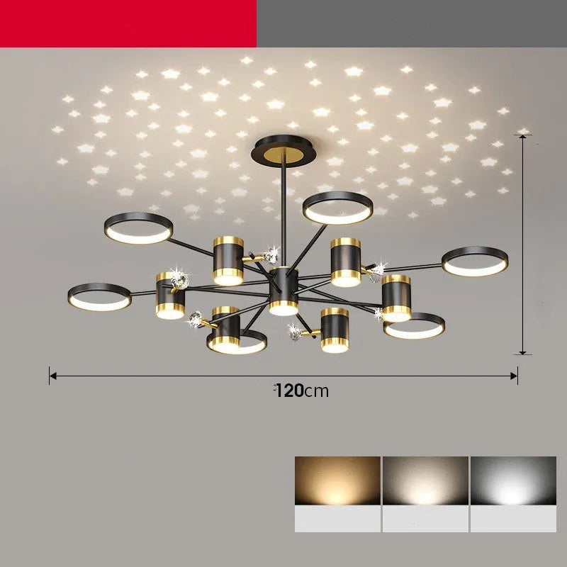 Black iron pendant lamp with 13 light heads and remote control for 15-30 square metre rooms