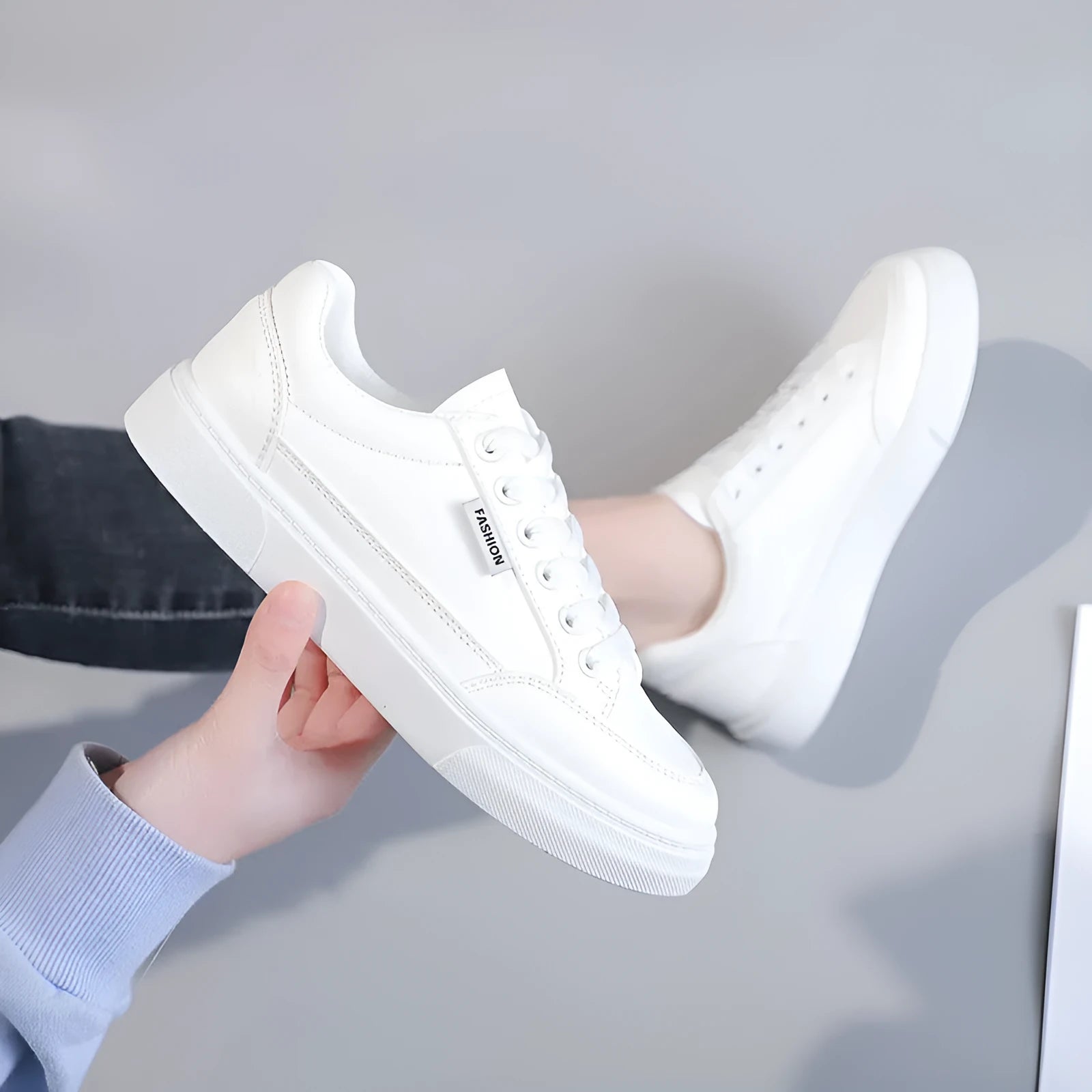Women's low-top white and brown Korean style casual sneakers with artificial PU upper