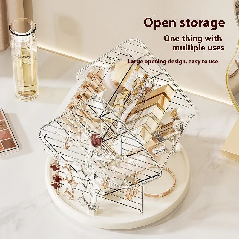 Clear and amber gold rotating plastic cosmetics storage box organiser with 360-degree spin base.
