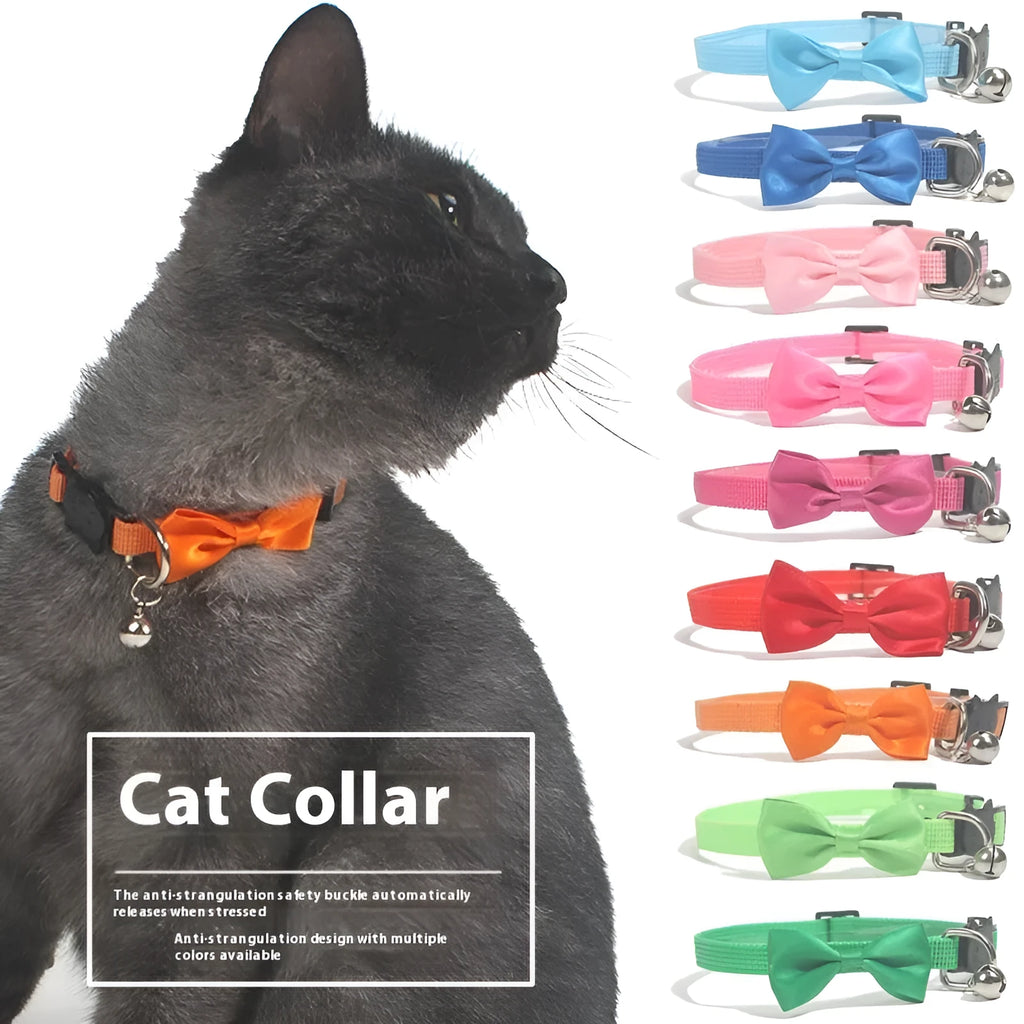 Adjustable nylon cat collar with bell decoration in multi-colour striped design