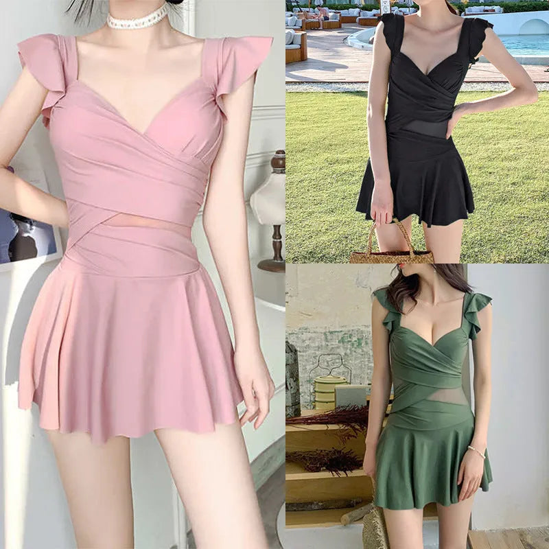 Women's one-piece solid colour swimsuit in milk silk fabric shown in black