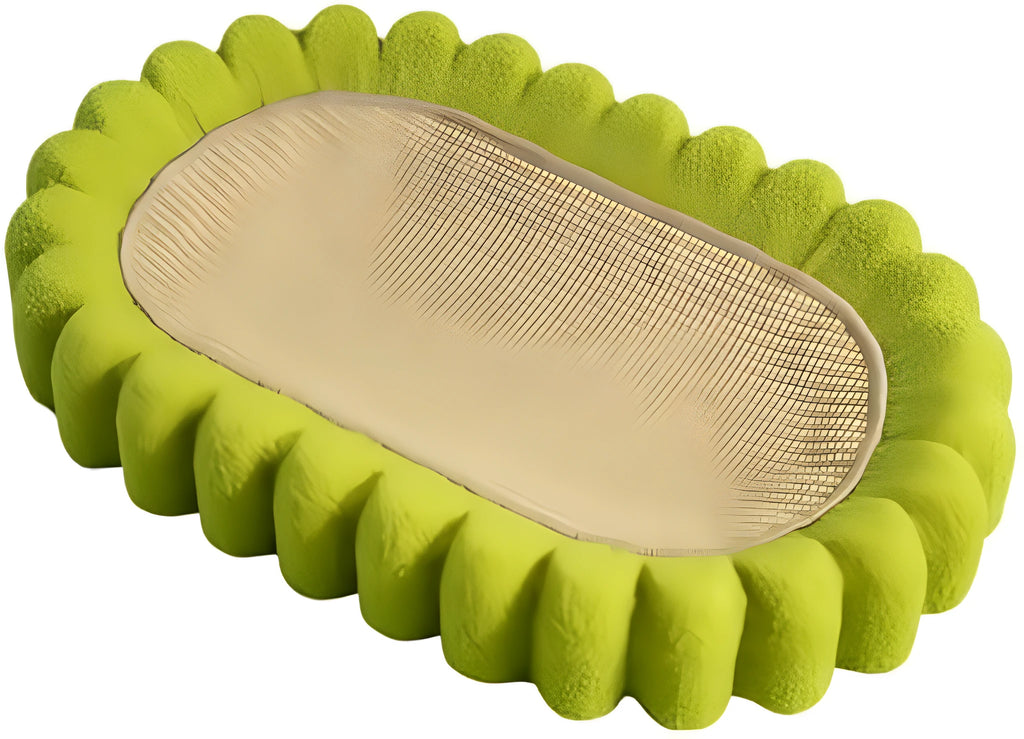 Green oval cat scratch pad bowl made of sisal, serving as a cat scratcher and bed lounge