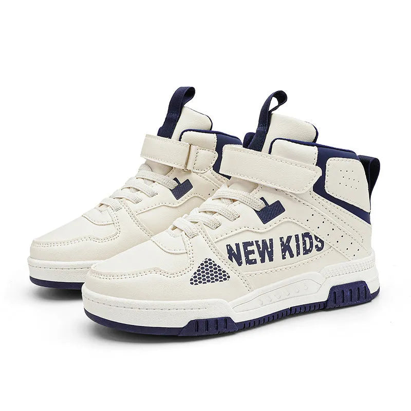 Children's street sneakers with PU upper, rubber sole, and buckle fastening in beige green, blue, or white options.