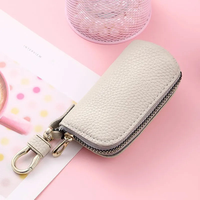 Men's waterproof PU zipper key case in black, grey, or pink macaron colours
