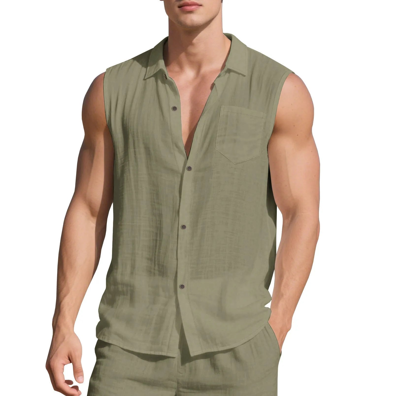 Sleeveless linen polo collar cardigan vest in solid colour, loose fit, front view