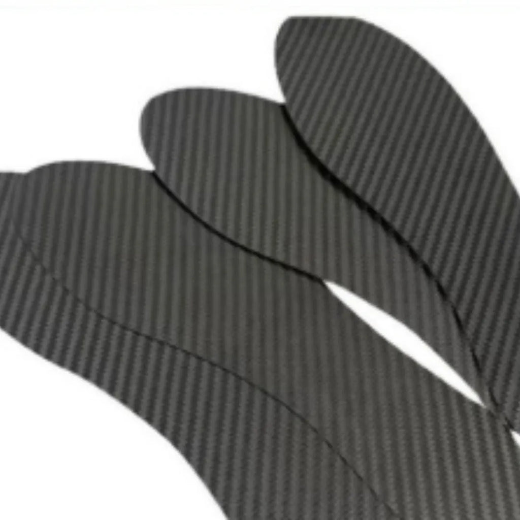 Black 3K carbon fiber running insoles showing full palm design and textured surface for shock absorption.