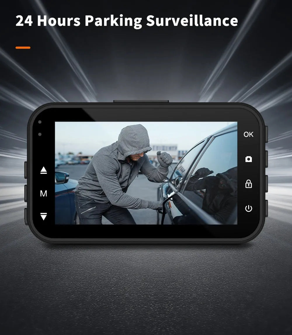 ThiEYE dual dash cam front and rear 1080P screen showing road view with mount and cables